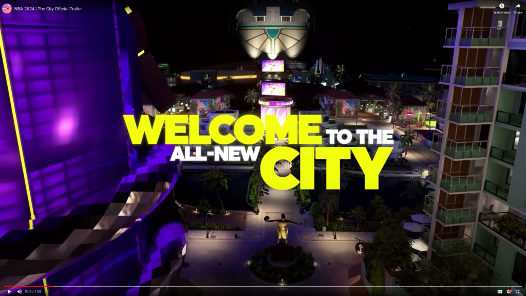 NBA2K24 trailer screen, reads "wecome to the all-new city"